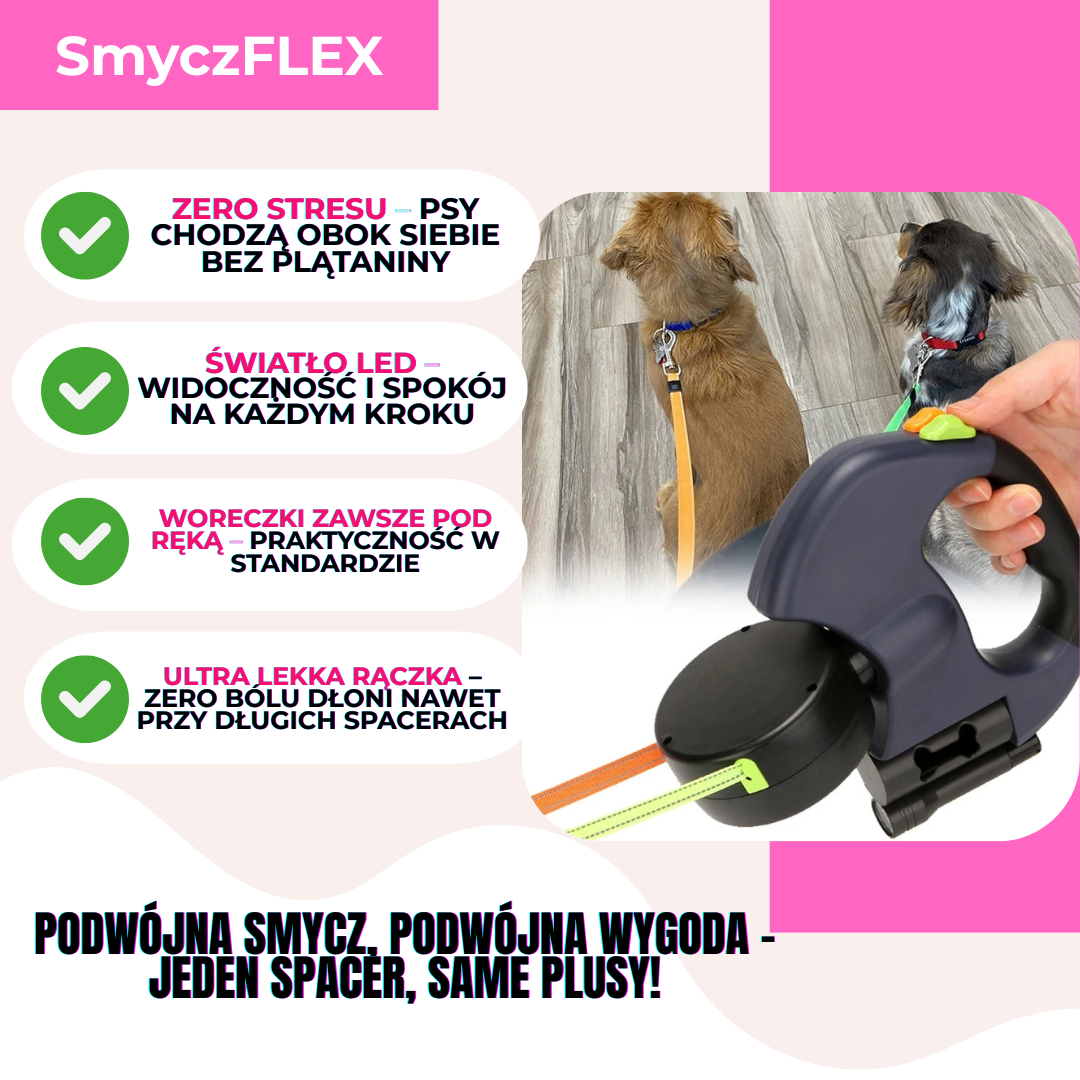 SmyczFLEX PRO 3-w-1 — podwójna smycz + LED + dyspenser
