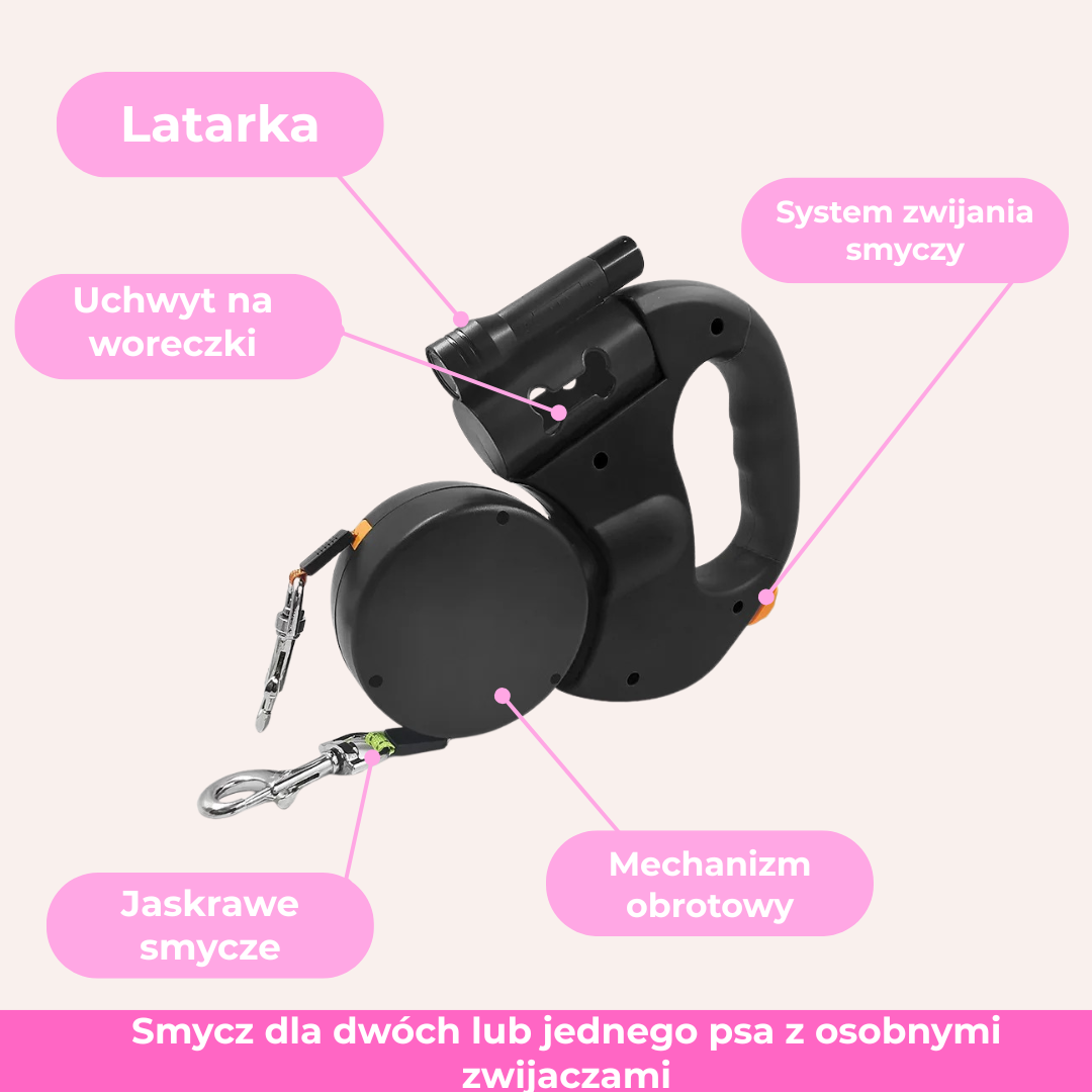 SmyczFLEX PRO 3-w-1 — podwójna smycz + LED + dyspenser